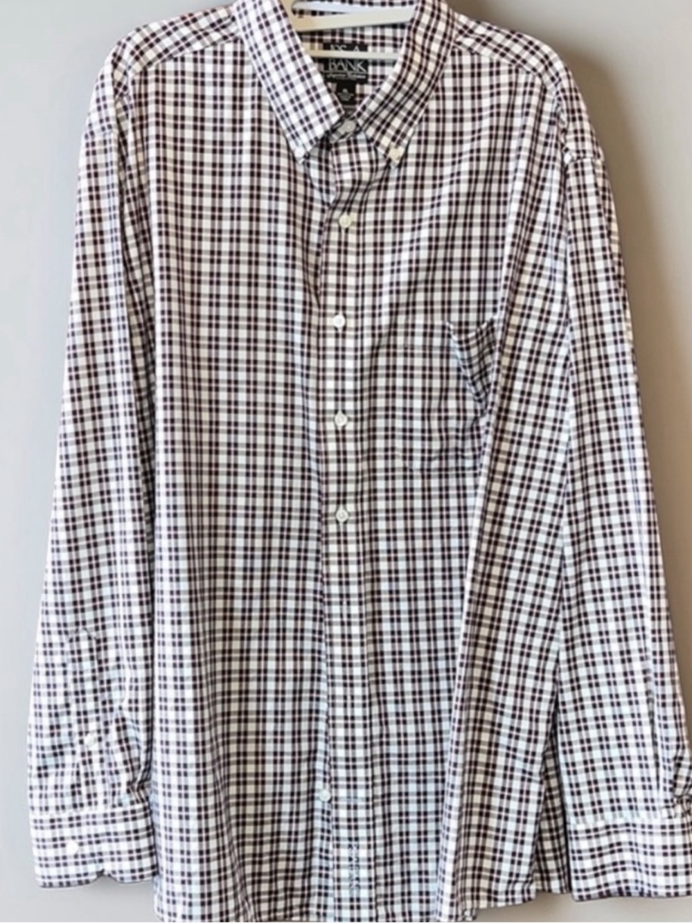 J.S. Bank XL Wrinkle Free Dress Shirt Burgundy Check Button Down Cotton Mens